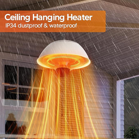 Electric Outdoor Heater, 1500W Hanging Ceiling Mounted Infrared Patio Heater for Outdoor Use, Waterproof Electric Heater for Porch, Balcony, Garage, Adjustable Height, White