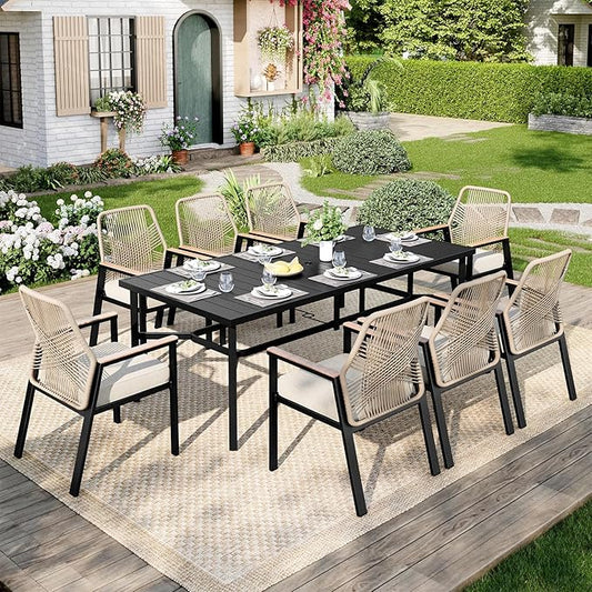 Outdoor Patio Dining Table for 8, 83" x 39" Rectangular Metal Patio Dining Table with 1.7" Umbrella Hole, All Weather Wrought Iron Black Outdoor Table for Garden, Backyard and Porch
