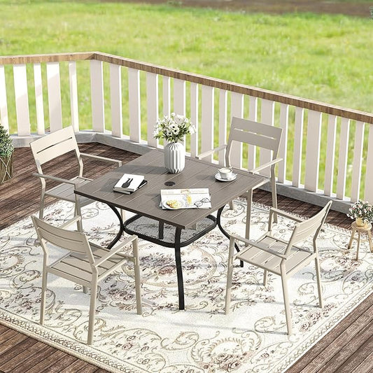 VICLLAX 37.8" Square Outdoor Patio Table, All Weather Metal Outdoor Dining Table for Lawn Garden, Grey Wood-Like Tabletop