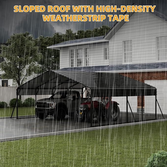 20' x 20' Heavy Duty Metal Carport with Galvanized Steel Roof, Tall MetalCarport Kits Garage for Tractors, Trucks, Boats, Cars, Heavy Duty Metal Roof Carport with Enhanced Base