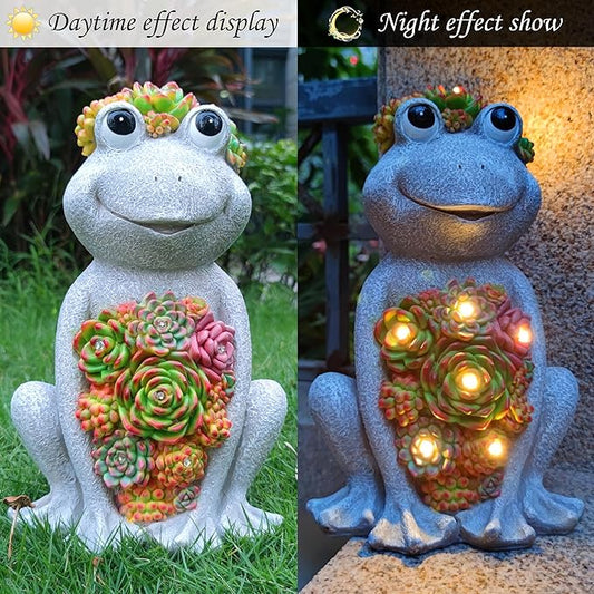 VIOYOUNS Large Frog Solar Garden Outdoor Statues with Succulent and 8 LED Lights,Outside Solar Frog Art Decor for Lawn,Yard, Balcony Ornament