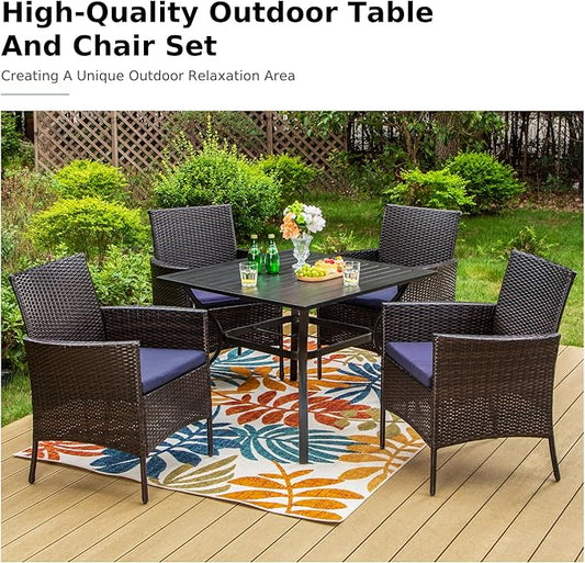 MFSTUDIO 5 Piece Outdoor Dining Sets, Patio Table and Chairs for 4, Outdoor 37’‘ Square Metal Table with Chairs, Wicker Patio Dining Furniture Set, Deck