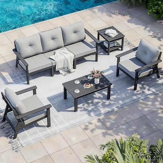 7-Piece HDPE Patio Furniture Set, All Weather Outdoor Couch with Thick Cushions, Wood Grain Outdoor Sectional with 2 Elegant Coffee Table, Durable Patio Conversation Sets for Balcony, Porch, Gray
