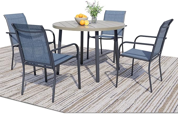 5 Pieces Patio Dining Set for 4, Blue Patio Stackable Chairs and Honey Oak Round Table Set of 4, Outdoor Furniture Set with Sling Support for Outside, Garden