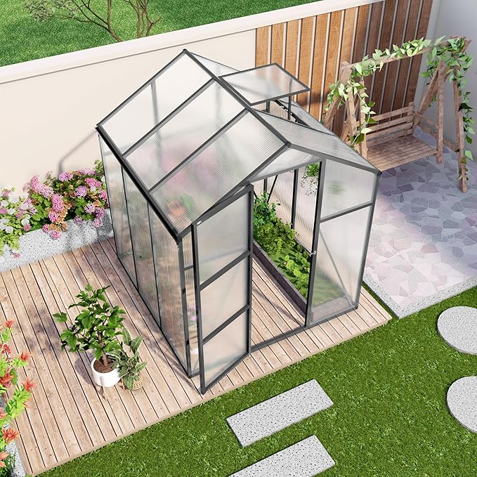 KEIKI Walk-in 6x6 FT Polycarbonate Greenhouse, Aluminum Frame Outdoor Greenhouse with Roof Vent, Anchor Base & UV-Blocking Panels for Backyard Gardening, Black