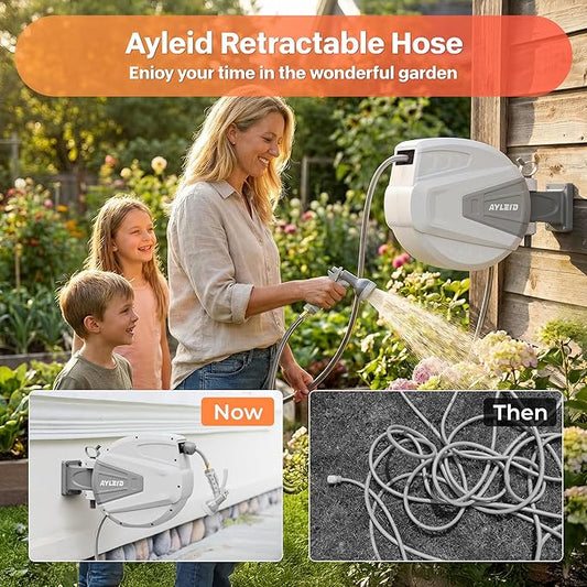 Ayleid Retractable Garden Hose Reel,1/2 in x 100 ft Wall Mounted Hose Reel, with 9- Function Sprayer Nozzle, Any Length Lock/Slow Return System/Wall Mounted/180°Swivel Bracket (Grey)