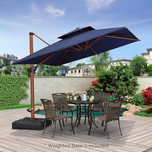 PURPLE LEAF Patio Umbrella with Base Outdoor Square Umbrella Large Cantilever Umbrella Windproof Offset Umbrella Heavy Duty Sun Umbrella for Garden Deck Pool Patio, 9ft Navy Blue