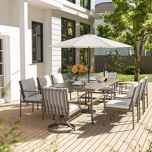 HAPPATIO 9-Piece Patio Table and Chairs Set for 8, Aluminum Outdoor Dining Set with Cushions, 6 Dining Chairs and 2 Swivel Chairs, 1 Large Rectangular Table with Umbrella Hole,Grey