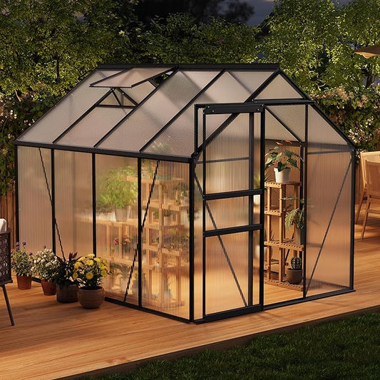 Garvee 6 x 8 FT Outdoor Greenhouse, Polycarbonate Greenhouses with Aluminum Frame, Sliding Door, Adjustable Roof Vent for Backyard, Green Houses for Outside Garden Backyard, Patio, Black