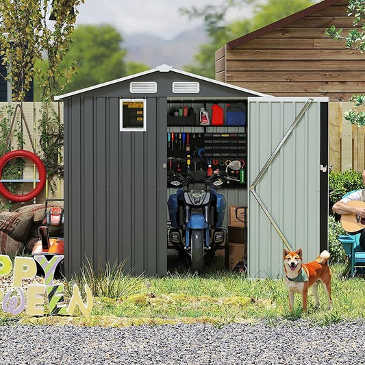 6x8 FT Outdoor Metal Storage Shed with Lockable Door, Steel Garden Utility Shed with Vents and Window, Backyard Patio Tool Shed for Lawn Equipment, Bike, Firewood and Mower Storage, Gray