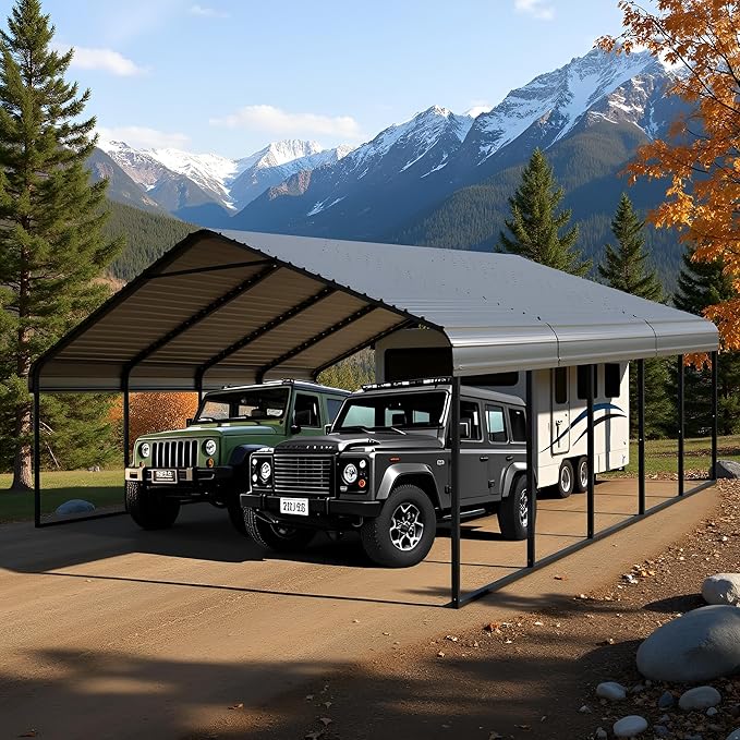 20x20 ft Metal Carport for Outdoor Garages Steel Heavy Duty Portable Garage with Large Tall Carports Canopy for Snow, Car Ports with Galvanized Steel Roof & Frame - Grey