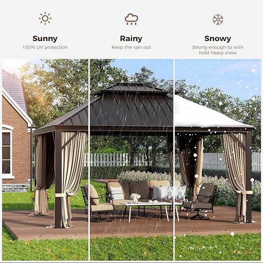 GREEN PARTY 12 X 14ft Hardtop Gazebo with Nettings and Curtains, Heavy Duty Double Roof Galvanized Steel, Outdoor Aluminum Gazebos Pergolas for Patios, Backyard, Deck, Garden, Lawns