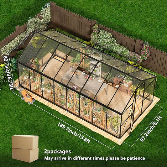 Wanan 16x8FT Greenhouses for Outdoors, Quick Assembly Polycarbonate Green House with UV Protection, Heavy Duty Windproof Aluminum Frame, Adjustable Roof Vent for Backyard or Outdoor Garden Use
