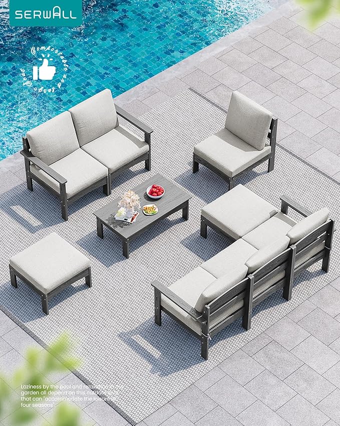 SERWALL 9 Pieces Patio Sofas, All-Weather HDPE Outdoor Sectional Sofa with Cushions and Coffee Table, Extra-Large Modular Conversation Set for Patio, Garden, Deck, Grey Frame with Khaki Cushion