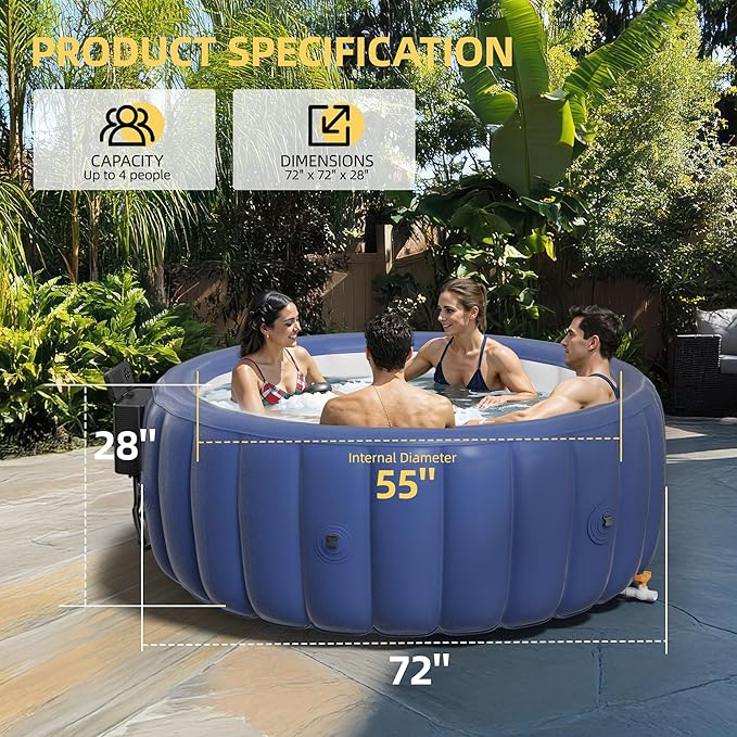 2-4 Person Inflatable Hot Tub, Portable Outdoor Spa with 146 Soothing Air Jets(73" x 28"), Portable Hot Tub with Cover and Heater Pump, Gray