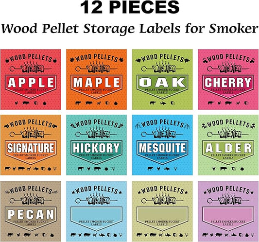 Smoker Grill Pellet Label Stickers - Set of 12 for Wood Pellet Storage Containers, Easy Identification of Different Flavors