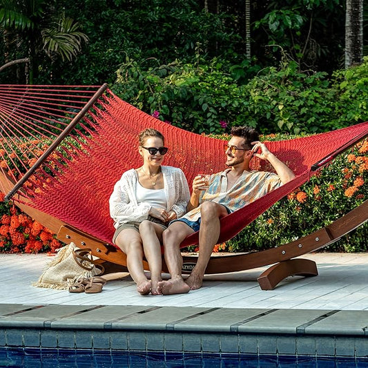 Lazy Daze Hammocks 10.5 FT Double 2 Person Caribbean Rope Hammock, Hand Woven Polyester Hammock with Spreader Bars, for Outside Outdoor Backyard Patio Poolside, 450 LBS Capacity, Red