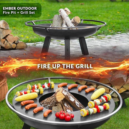 Ember 24" Handcrafted Cooking Fire Pit with Grill Plate Attachment and Cover Lid Attachment for Wood Burning for Backyard Grilling Campfire for Camping, Outdoor Steel Firepit, by Good Directions