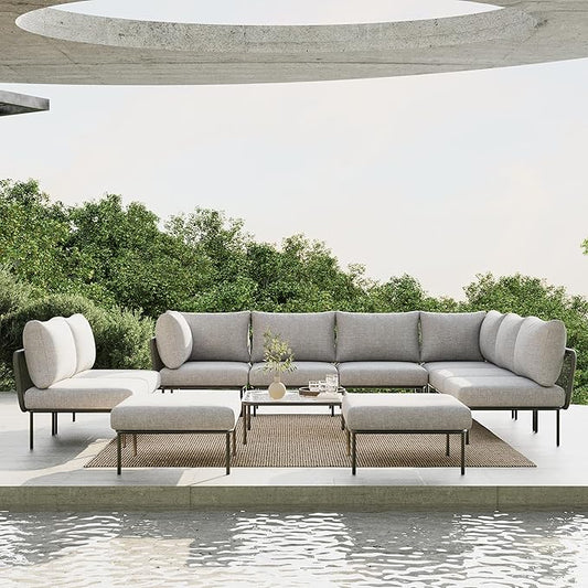 11 Piece Modern Outdoor Rope Wicker Sectional Patio L-Shaped Conversation Sofa Set Deep Seating with Thick Cushions