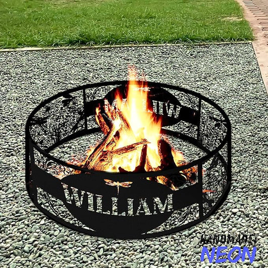 Personalized Fire Pit Ring Dragonfly Custom Name Garden Metal Ring Campfire Stove 360 Degree Firepit Outdoor BBQs Backyard Camping Yard Decor Gifts for Father Nature Lover