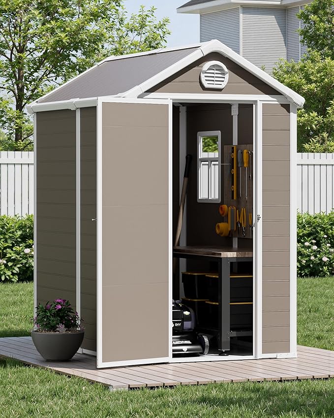 6x4.5 Resin Outdoor Storage Shed with Enhanced Roof Runoff & Floor, Secure Hidden Screws Design, Durable Build for Deck, Pool Supplies, and Versatile Storage, Warm Grey