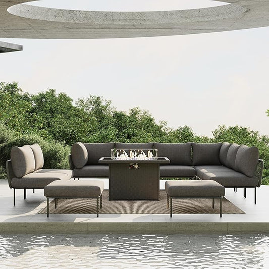 11 Piece Modern Outdoor Rope Wicker Sectional Patio L-Shaped Conversation Sofa Set Deep Seating with Fire Pit Table