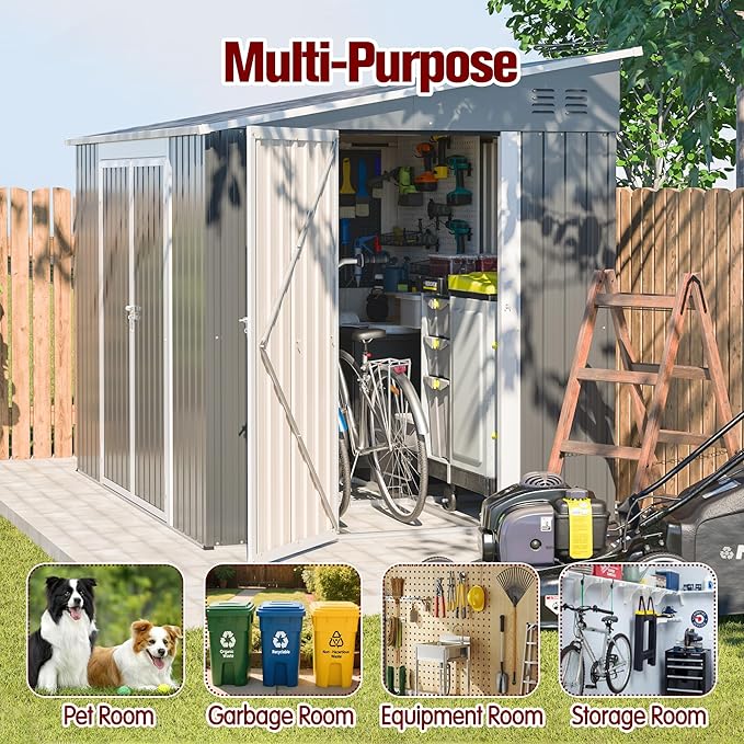 8x6FT Lean to Shed with Floor Frame, Metal Outdoor Storage Shed with Two Separate Doors for Garden Backyard Patio, Large Tool Shed for Bicycle&Lawn Mower Storage