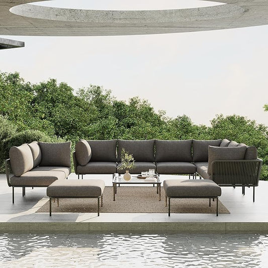 11 Piece Modern Outdoor Rope Wicker Sectional Patio L-Shaped Conversation Sofa Set Deep Seating with Thick Cushions