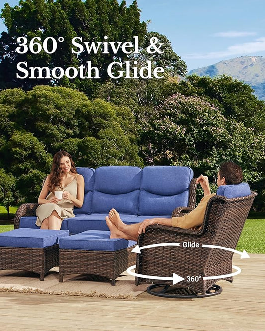 HILLGA Luxury High Back Patio Furniture Set with 6-Inch Thick Cushion, 6-Piece Outdoor Conversation Set with Sofa, Swivel Rocker Chairs & Ottomans, Ideal for Porch Pool Deck Yard (Blue)