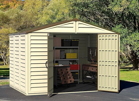 Duramax Woodbridge Plus 10.5 x 8 (8.02 m2) Plastic Garden Shed with 1 Fixed Window & Metal Foundation Kit, Strong Metal Roof Structure Fire Retardant and Maintenance-Free Storage Shed - Ivory/Brown