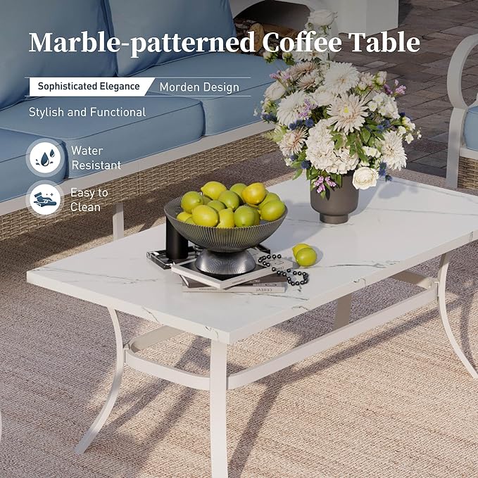 4 Piece Metal Outdoor Patio Furniture Set, Patio Conversation Sets with 3-Seater Sofa, 2 Swivel Chairs and Coffee Table, White Frame Outdoor Seating Furniture for Bavkyard, Blue