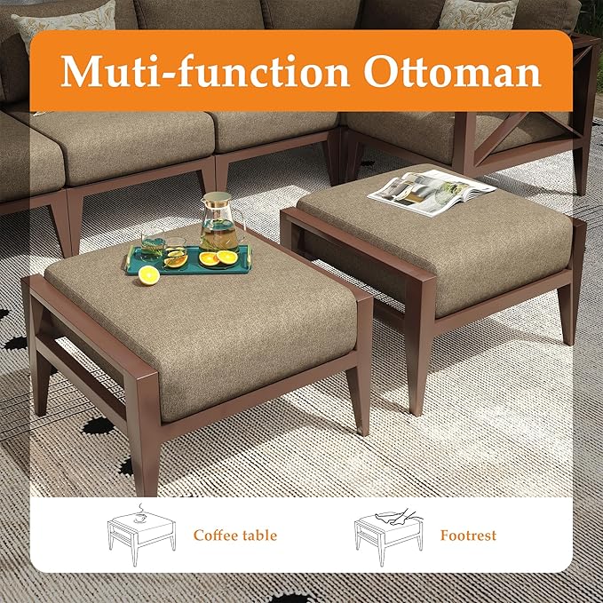 Aluminum Patio Furniture Set,8-Seats Patio Sectional Conversation Sofa with 6" All-Weather Cushions and 2 Swivel Rocking Chairs & 2 Ottomans,Furniture Set(Brown)