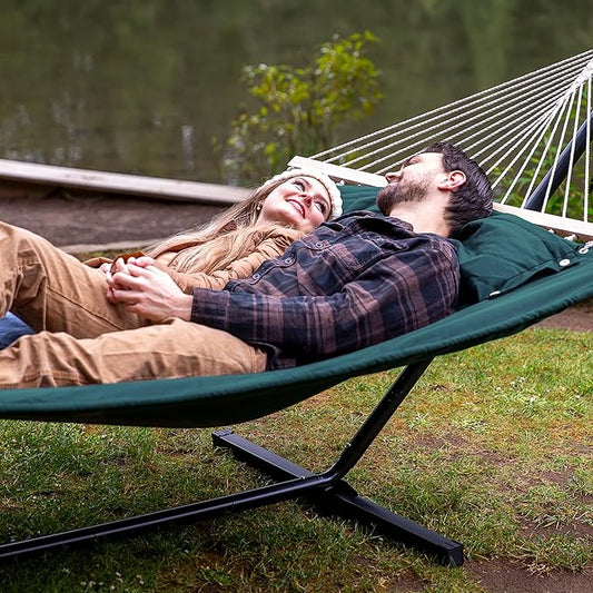 SUNCREAT Hammocks Extra Large Double Hammock with 12 ft Stand for Outside, 475lbs Capacity, Outdoor Portable Hammock with Hardwood Spreader Bar, Extra Large Pillow, Dark Green