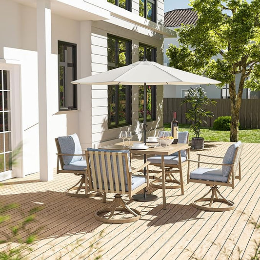 HAPPATIO Outdoor Dining Set 5 PCS, Aluminum Patio Dining Set Includes 1 Large Square Table with Umbrella Hole & 4 Swivel Dining Chairs, Patio Furniture Set for Lawn, Porch, Backyard (Brown)