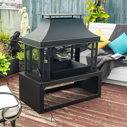GDFStudio 40" Outdoor Wood Burning Fireplace, 50000 BTU Steel Chimney Fire Pit with Spark Screen & Log Storage for Patio Garden Backyard Deck, Matte Black