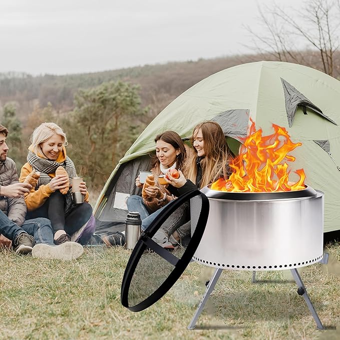 FEBTECH - 18" Spark Screen, Adjustable Fire Pit Stand Combo Compatible with Solo Stove Bonfire - 2 Piece Smokeless Firepit Accessories for Camping, Patio, Backyard