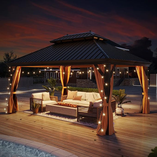 GAZEBEST 12' X 16' Hardtop Gazebo, Outdoor Galvanized Steel Double Roof Permanent Aluminum Frame Pavilion Pergola Canopy with Privacy Curtains for Garden, Patio, Backyard, Deck and Lawns.