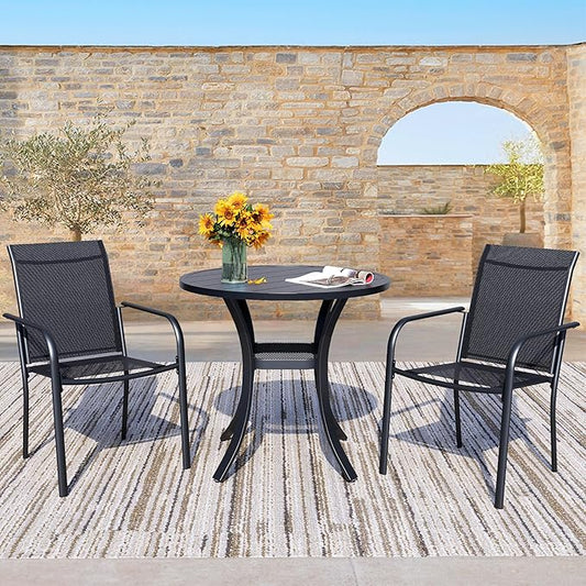 3 Piece Outdoor Dining Set, Patio Table and Chairs Set of 2, 27.6" Black Round Patio Table with 2 Black Stackable Patio Chairs for Lawn, Garden, Porch