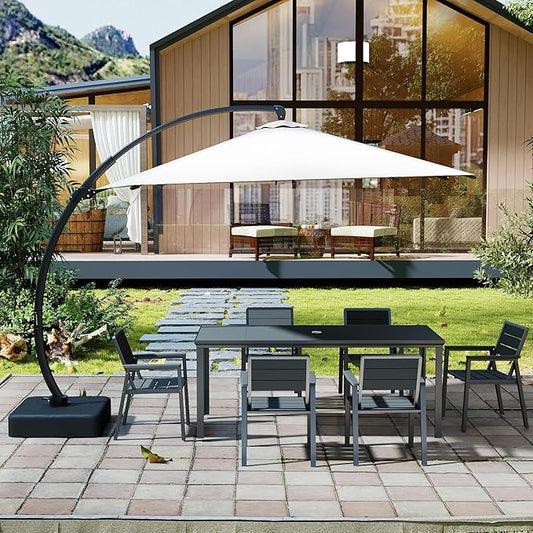 Kingdura 7 Piece Patio Dining Set for 6, HDPE Outdoor Table & Chairs with 11ft Cantilever Patio Umbrella, All-Weather Outdoor Furniture Patio Conversation Set for Lawn Pool Backyard, Blue
