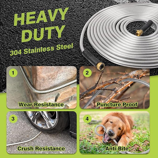 Metal Garden Hose 25FT - Stainless Steel Water Hose With 10 Function Nozzle & 3/4" Fitting, Lightweight, Heavy Duty, No Kink & Leak Proof Flexible Hose for Yard, Outdoor, Lawn, Car Washing