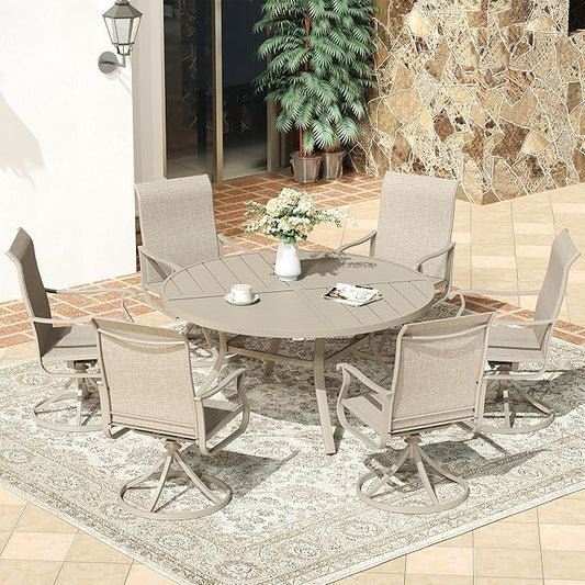 VICLLAX Round Patio Dining Table, 4-6 Person Metal Outdoor Dining Table with Umbrella Hole and Storage Shelf for Garden Lawn Deck, 47.2" Sandshell