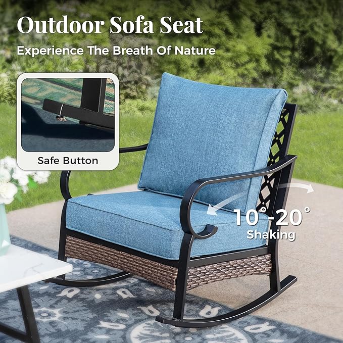 Patio Furniture Set with Firepit Table, Black Frame Outdoor Conversation Set with 2 x Rocking Chairs, 1 x 2-Seat Sofa, 1 x 3-Seat Sofa for Lawn Garden Backyard, Navy Blue