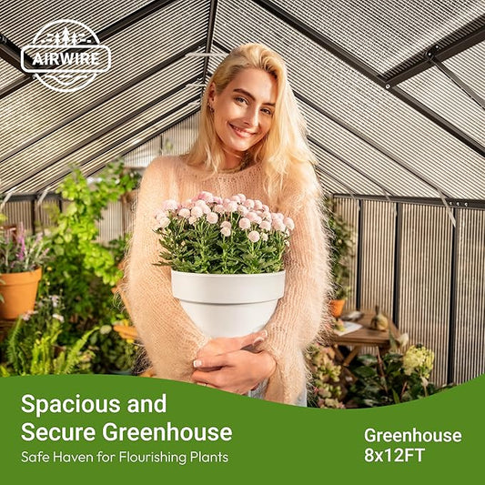 8x12 FT Greenhouse for Outdoors, Quick Setup Polycarbonate Greenhouse with Roof Vent, Aluminum Large Walk-in Green House for Outside Garden Backyard, Black