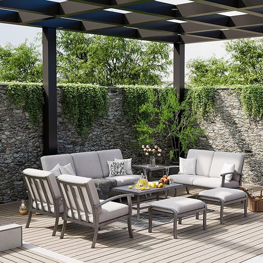 HAPPATIO 8 Piece Aluminum Patio Furniture Set, 3-Seat Outdoor Couch and Loveseat, All-Weather Outdoor Sectional Sofa with Armchairs and Ottomans, Garden Conversation Set with Tables(Gray)
