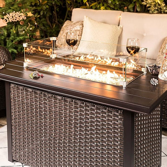 Nuu Garden Outdoor 43 Inch 50,000 BTU Propane Fire Pit Table, CSA Certified Patio Propane Fire Pit with Wind Guard, Lid, Oxford Cover, 7 lbs Glass Stone, Dark Brown