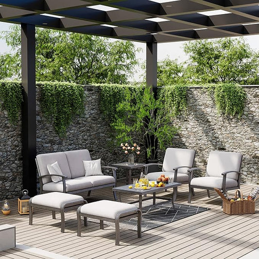 HAPPATIO 7 Piece Aluminum Patio Furniture Set, Outdoor Armchairs with Ottomans and Loveseat, Outdoor Sectional Sofa with Side Table and Coffee Table, Garden Conversation Set for Lawn(Gray)