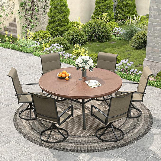 VICLLAX Round Patio Dining Table, 6-8 Person Aluminum Outdoor Dining Table with Umbrella Hole and Storage Shelf for Garden Lawn Deck, 53" Walnut