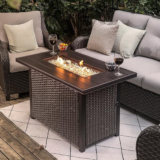 Nuu Garden 43" Propane Fire Pit Table, 50,000 BTU CSA Certified Outdoor Gas Fire Pit with Aluminum Tabletop, Removable Lid, 7 lbs Glass Rocks & Waterproof Oxford Cover, Brown
