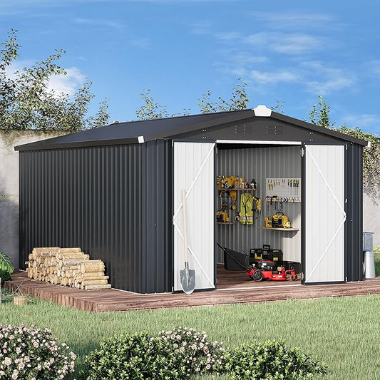 AECOJOY Shed 10' x 14' Storage Shed, Outdoor Storage Sheds & Outdoor Storage 10' x 14' with Lockable Doors, Large Steel Yard Shed, Utility and Tool Storage for Garden, Patio, Outside use in Dark Grey