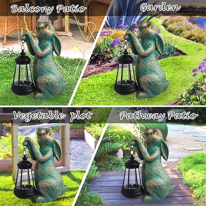 RCTTICUU Rabbit Garden Statue Outdoor Décor with Solar Lights Lantern,Rabbit Solar Light Figurines Outside Decorations for Yard,Lawn, Patio, Balcony, Unique Housewarming Gifts